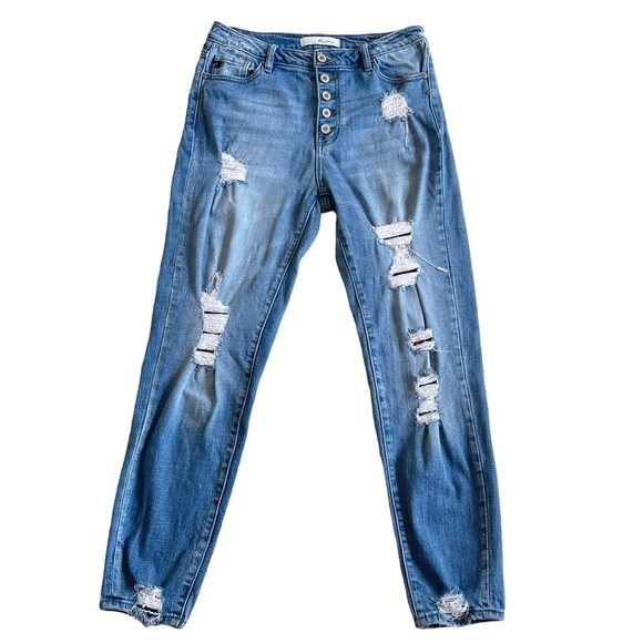 KanCan Women’s High Rise Distressed Leopard Patch Jeans Size 7/27 Blue Distress - Picture 2 of 9